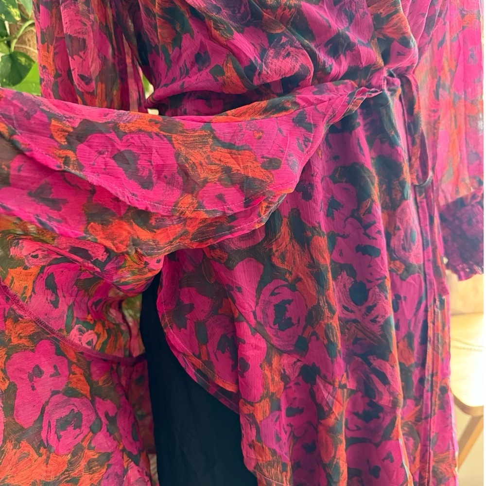 Esqualo Fuchsia Dress Chiffon Floral Wrap Ruffled Layered Balloon Sleeves Size 8 - Picture 6 of 10